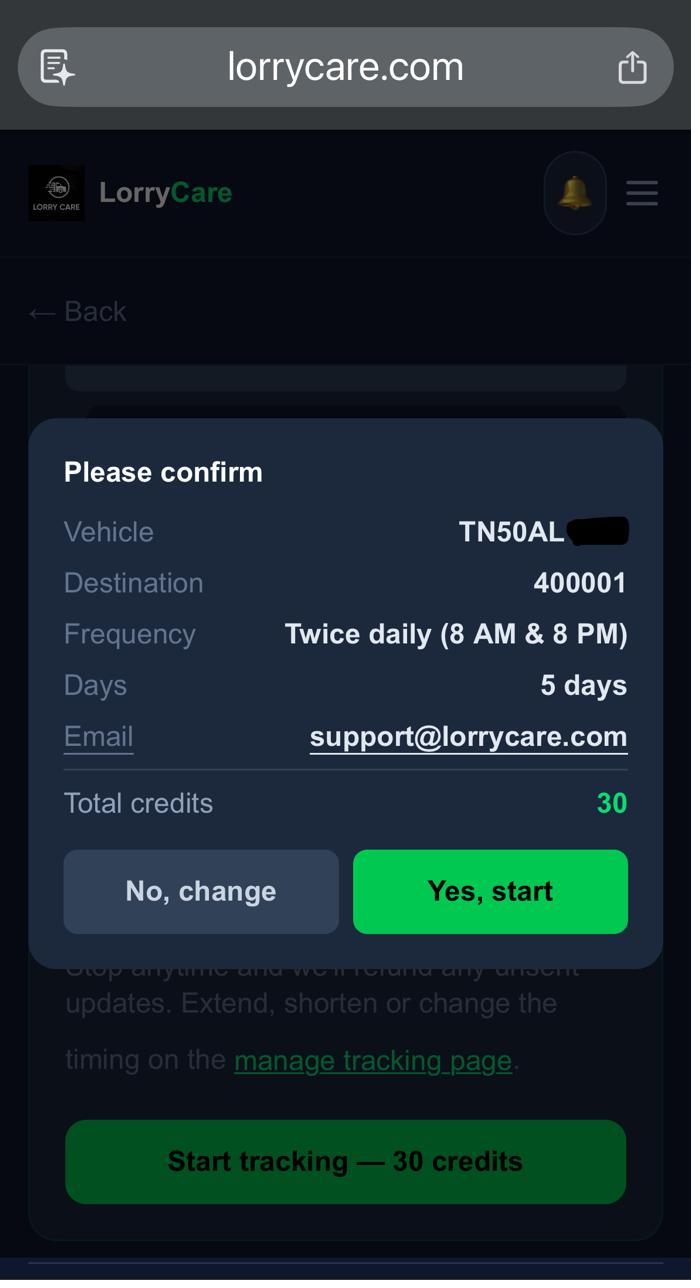 The confirmation screen showing vehicle, schedule and total credits
