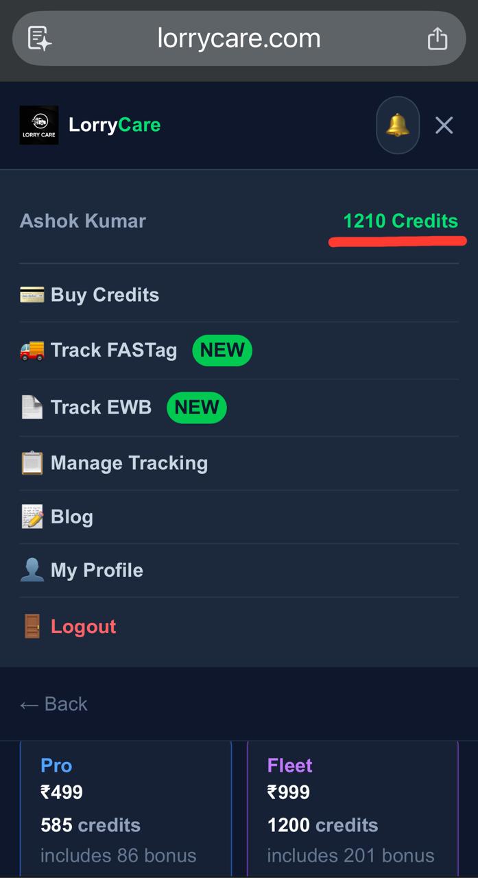LorryCare menu showing updated credit balance after purchase