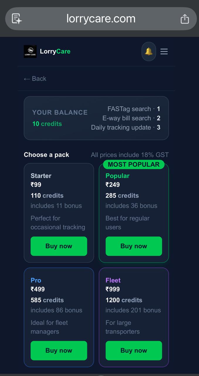 LorryCare credit packs from ₹99 to ₹999