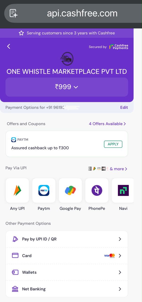 Cashfree secure checkout with UPI, card and netbanking options