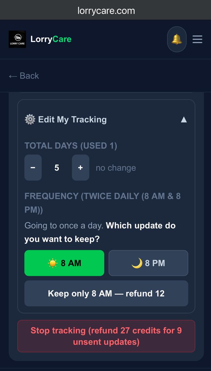 Edit My Tracking showing days and frequency change with refund shown
