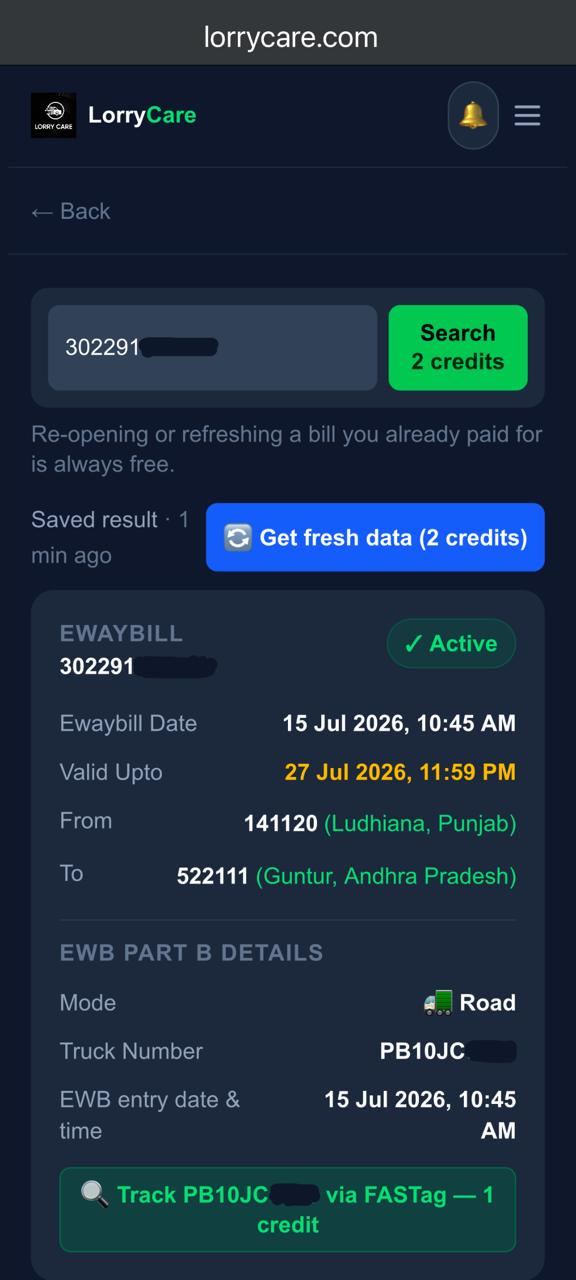 E-Way Bill result showing status, validity, route and Part B vehicle details