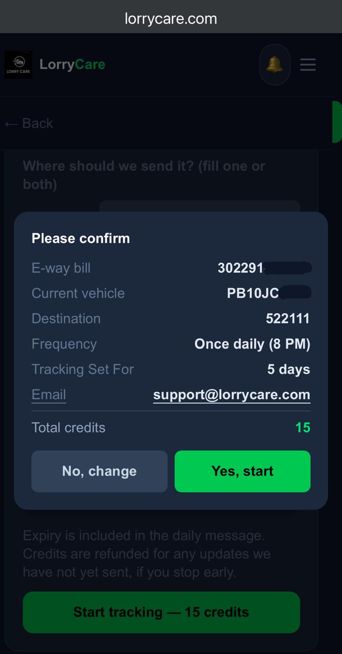 Confirmation card showing the E-Way Bill tracking summary and total credits