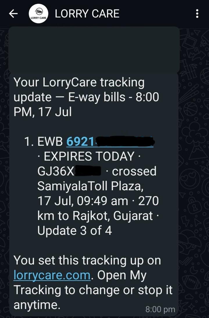 WhatsApp update showing EXPIRES TODAY warning for an E-Way Bill