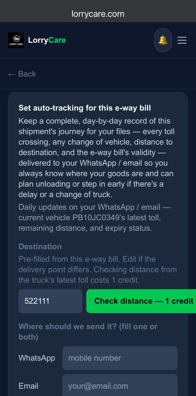 Set auto-tracking block on the E-Way Bill result with pre-filled destination