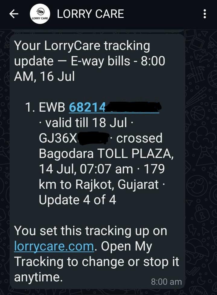WhatsApp update showing EWB validity, truck, toll crossed and distance left