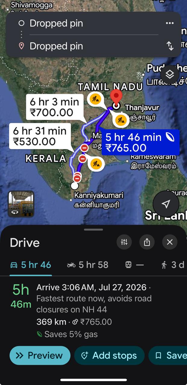 Google Maps showing the route with the toll plaza pinned