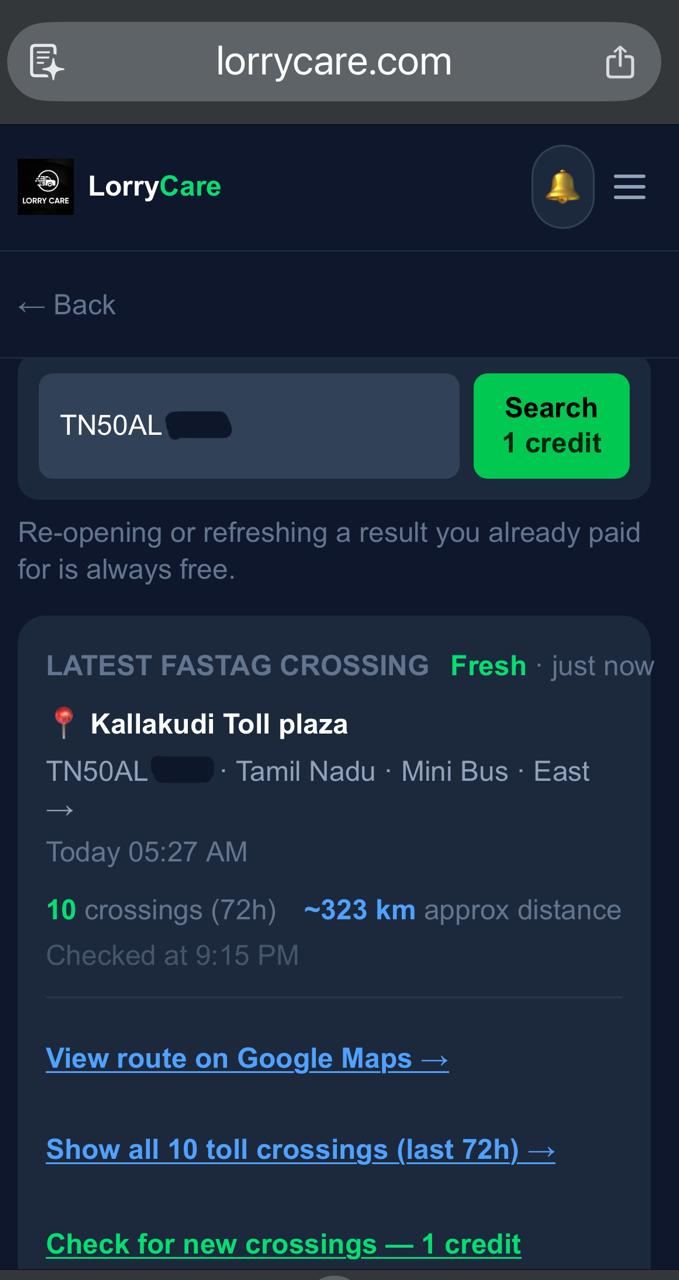 FASTag result showing the latest toll crossing with time and direction