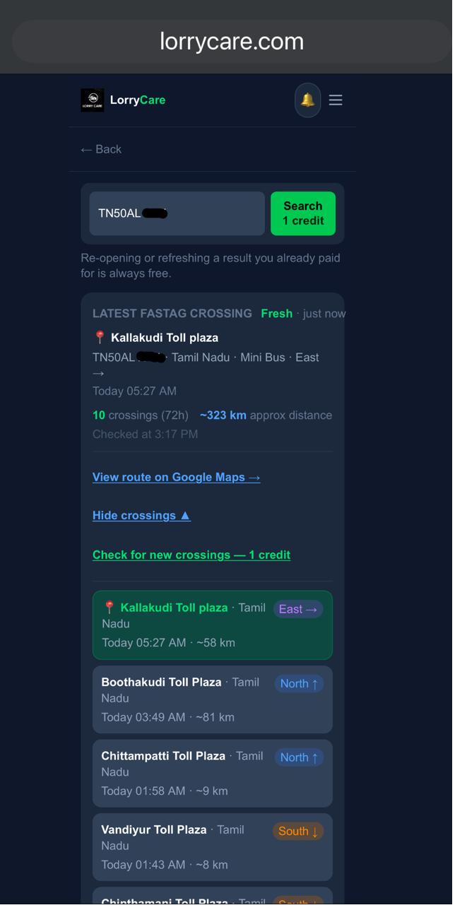 LorryCare FASTag result page with recent toll crossings for a vehicle