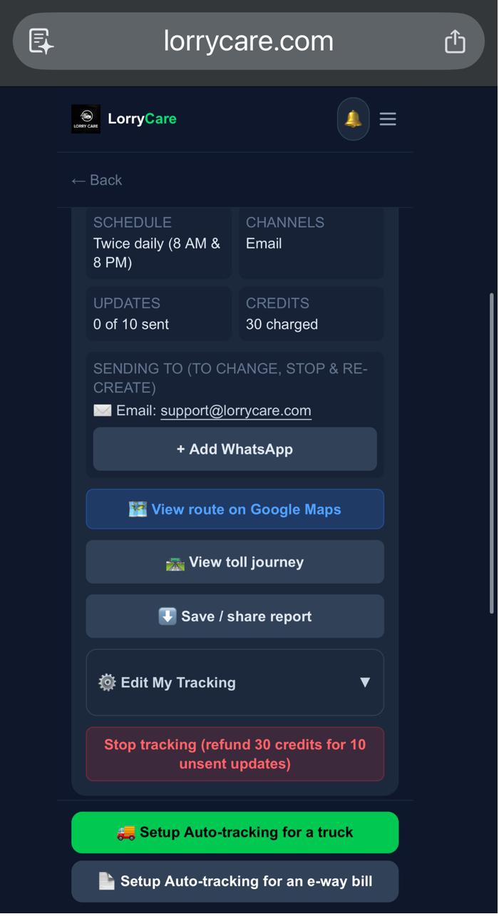 The My Tracking screen with edit, share and stop-with-refund options