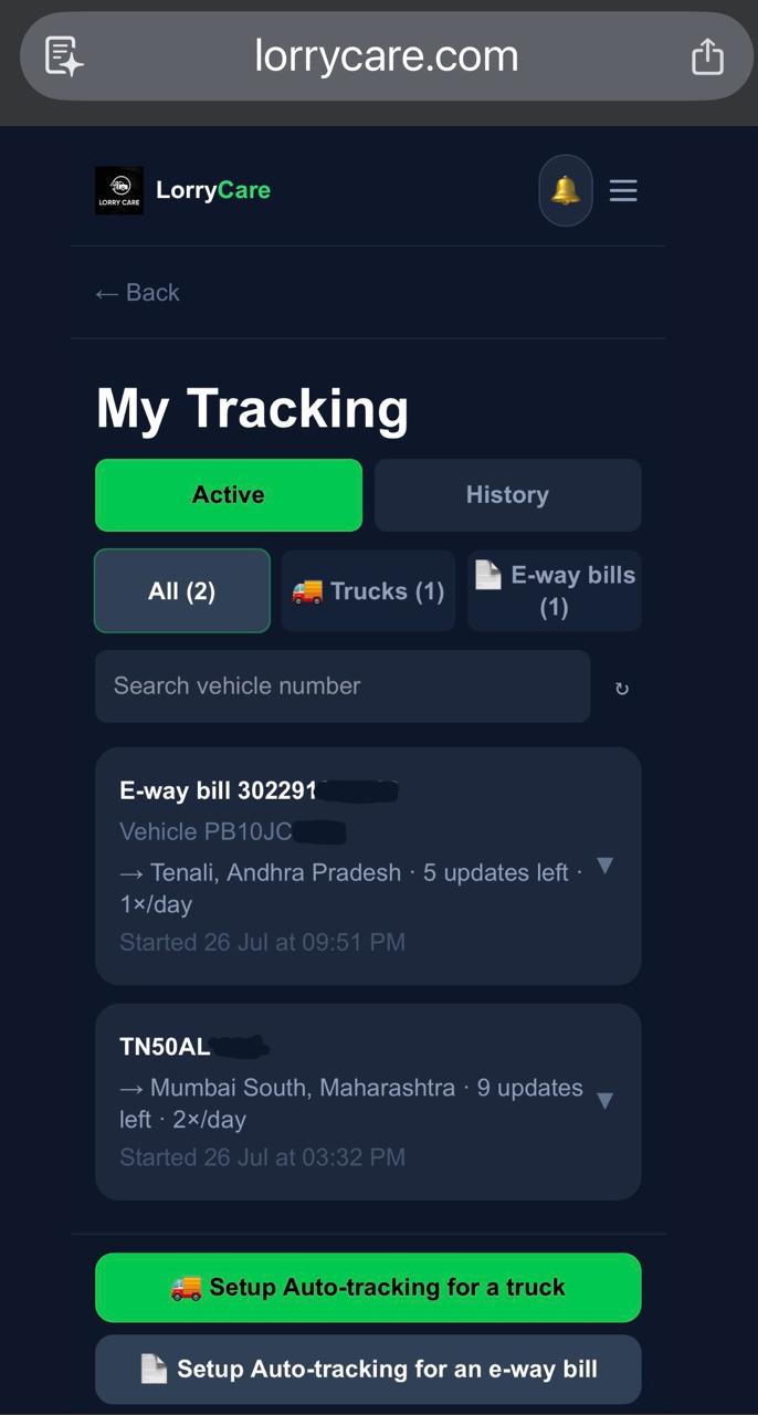 My Tracking list showing active truck and E-Way Bill trackings