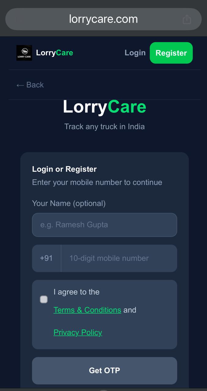 LorryCare registration form asking for name and mobile number
