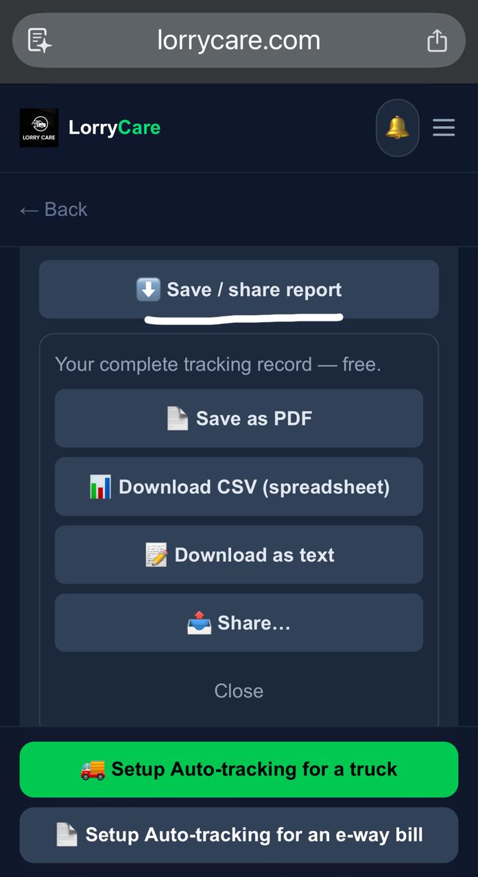 Save or share report menu with PDF, CSV and text options