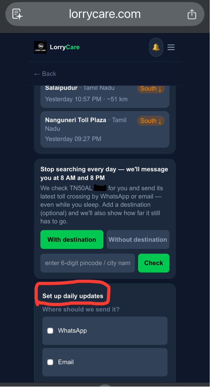 The Set up daily updates block on the LorryCare result page
