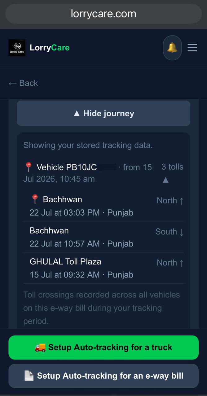 Stored toll journey showing every crossing during the tracking period