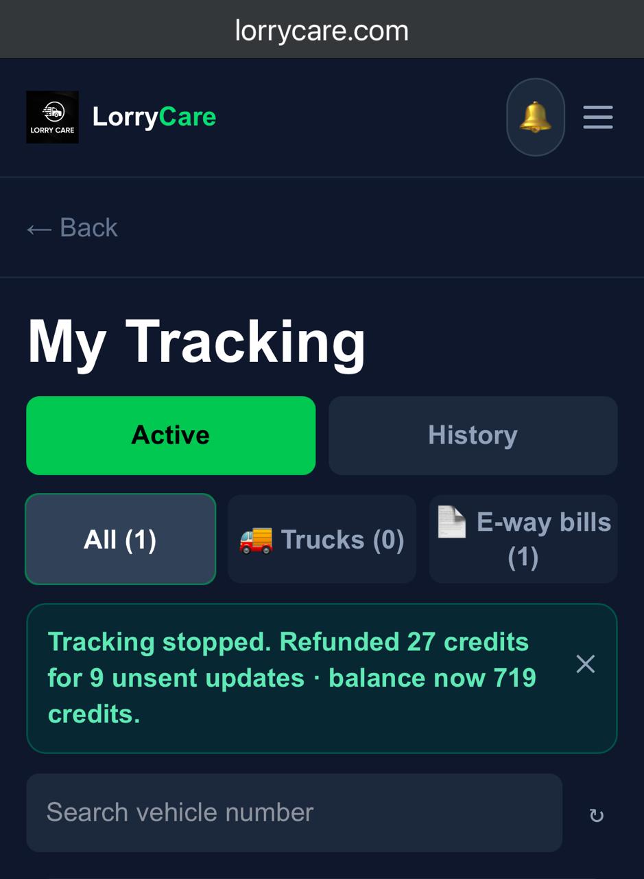 Confirmation banner: tracking stopped, 27 credits refunded for 9 unsent updates