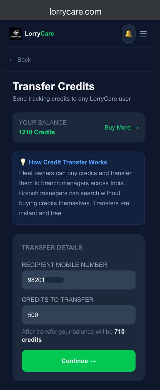 LorryCare transfer credits screen with recipient number and amount