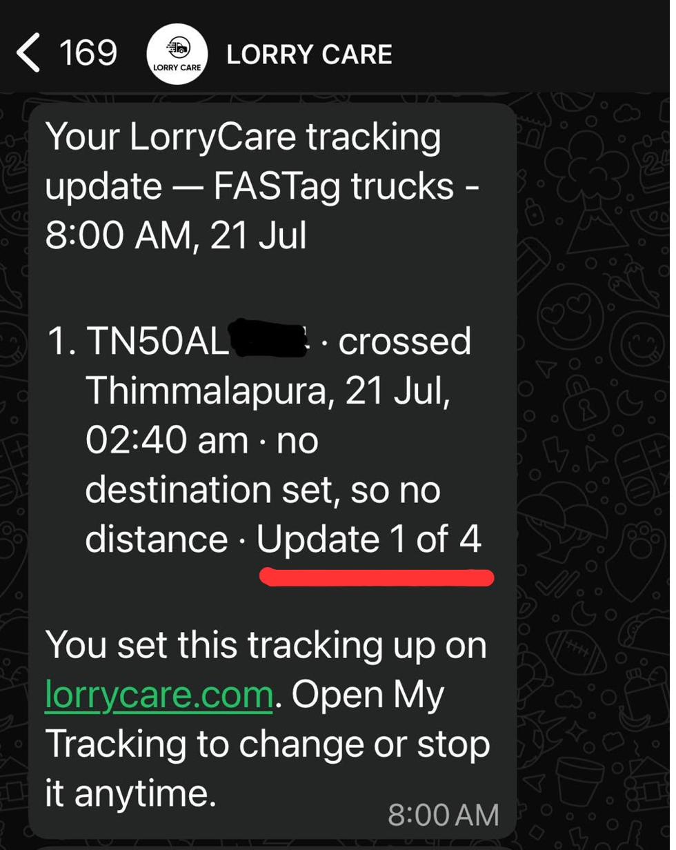 A tracking update highlighting the Update 1 of 4 counter
